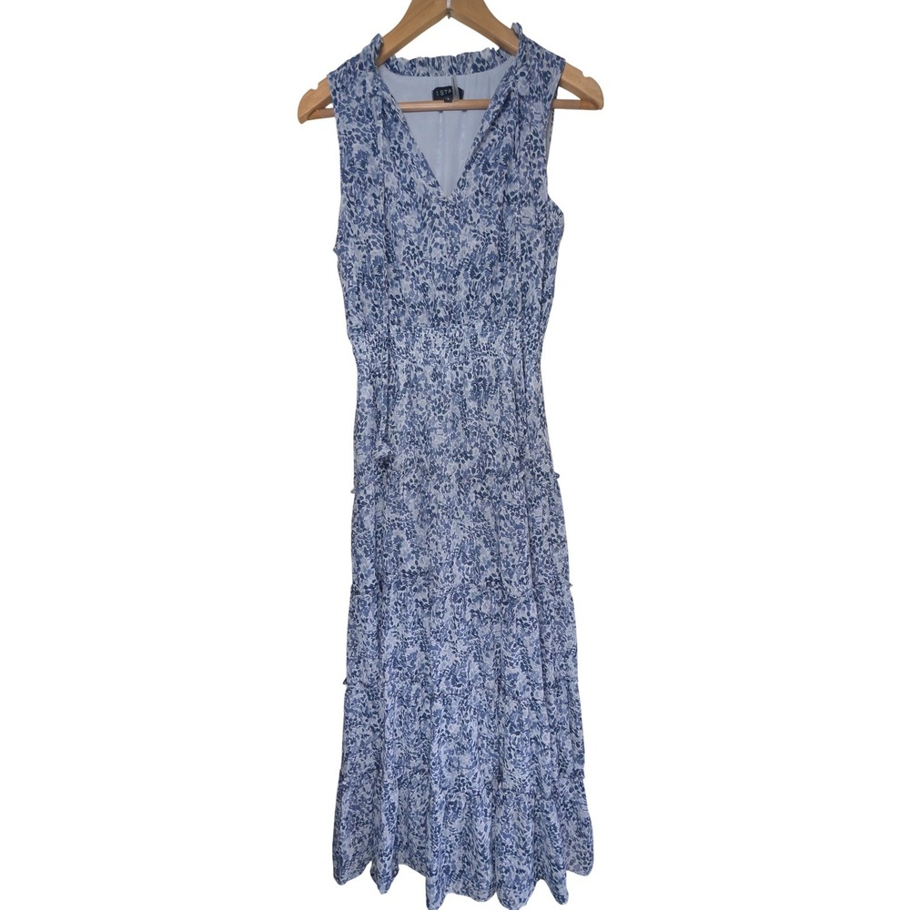 1 STATE Blue White Floral‎ Tiered Maxi Dress Smocked Waist Sleeveless S Cottage